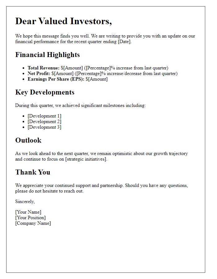 Letter template of financial update communication for investors.