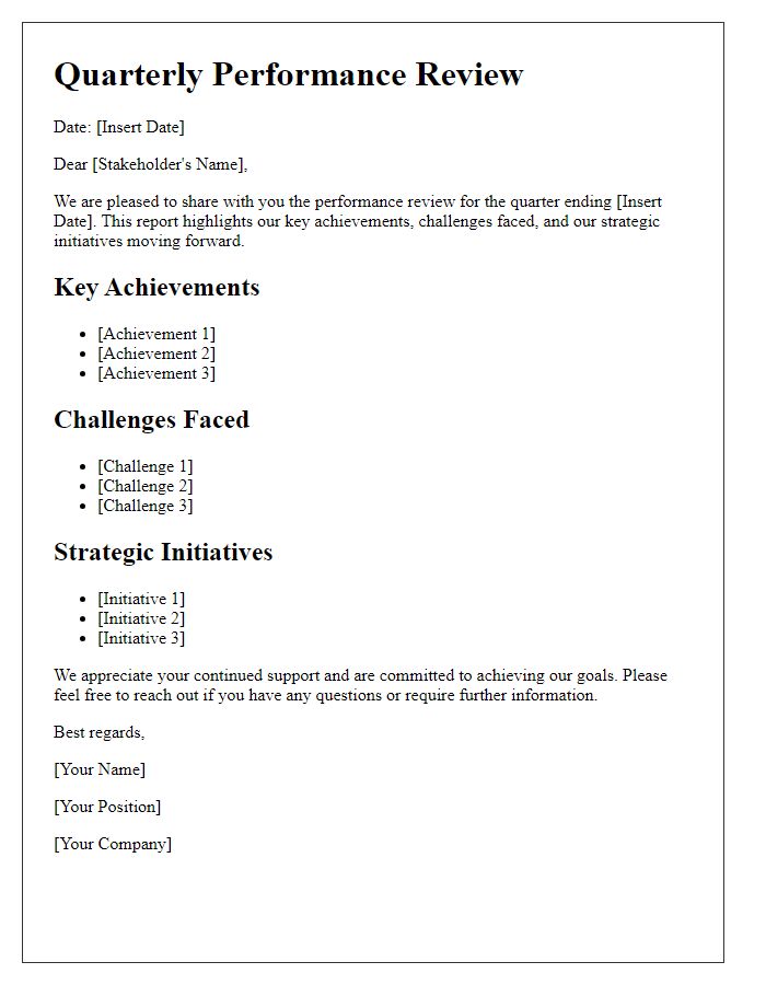 Letter template of quarterly performance review for stakeholders.