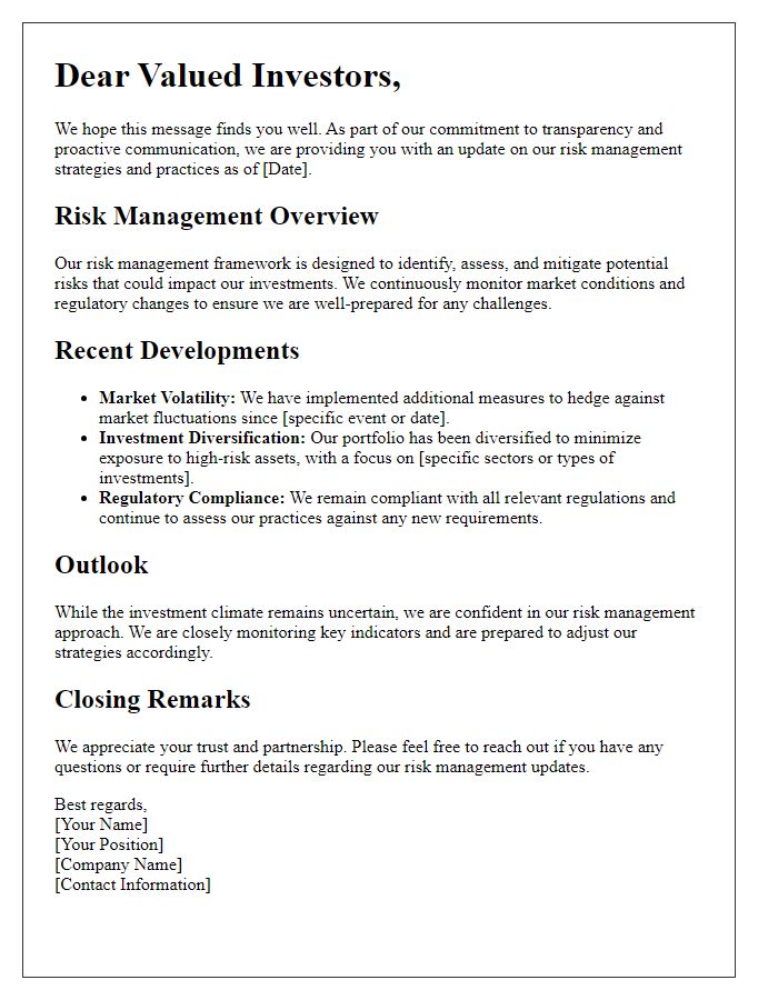 Letter template of risk management updates for investors.