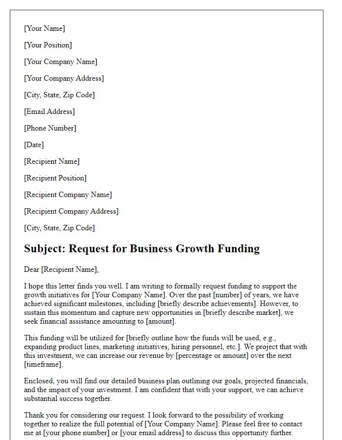 Letter template of business growth funding request.