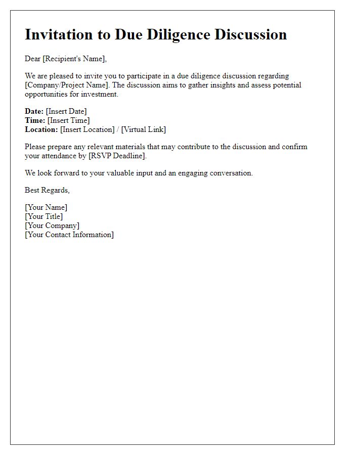 Letter template of private equity due diligence discussion invitation