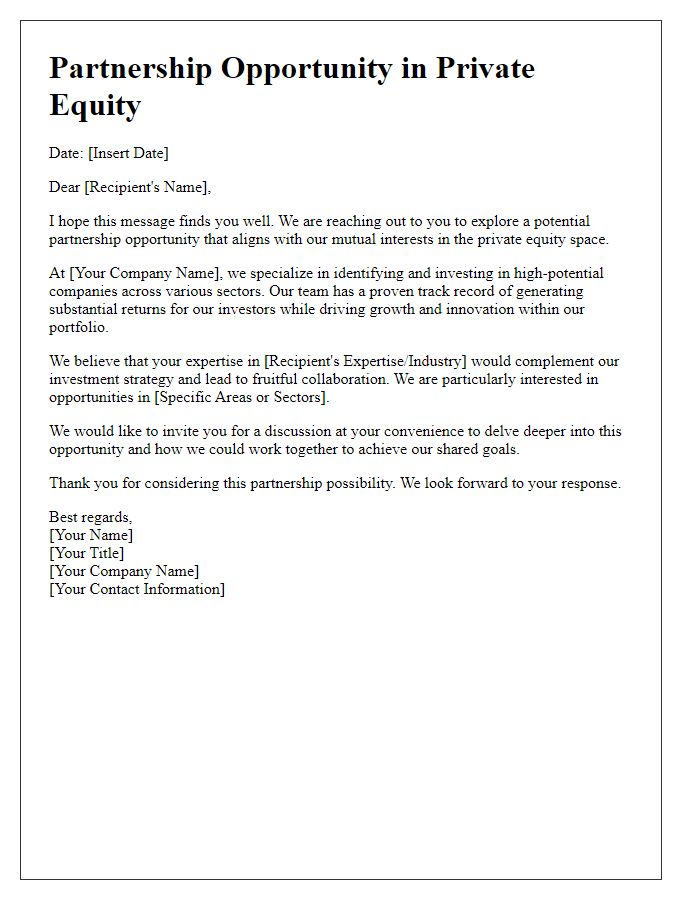 Letter template of private equity partnership opportunity