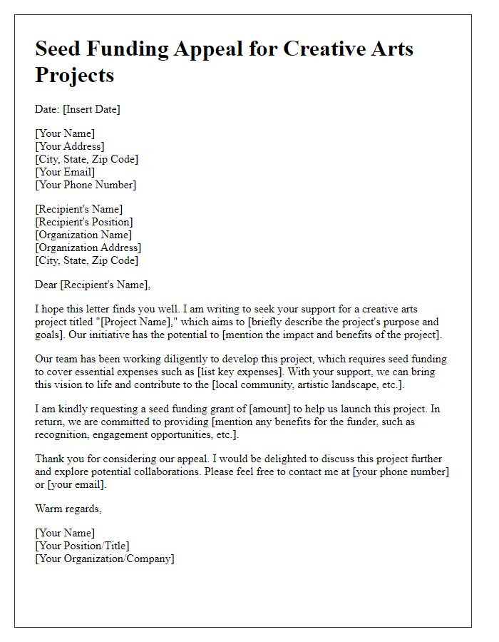 Letter template of seed funding appeal for creative arts projects.