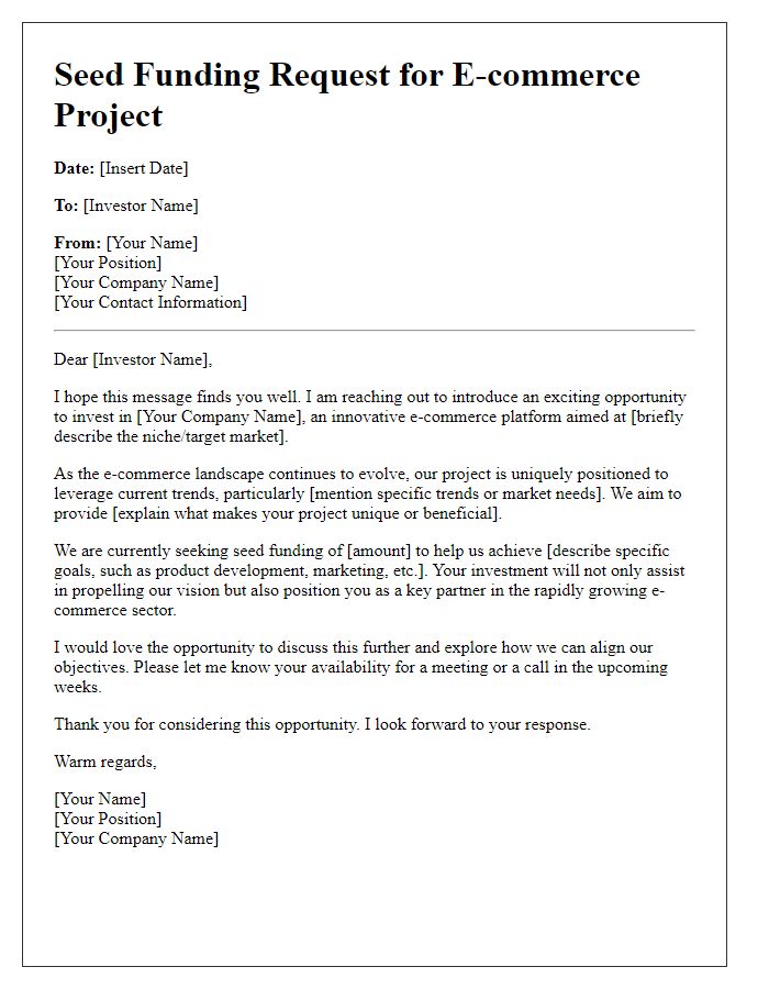 Letter template of seed funding correspondence for e-commerce projects.