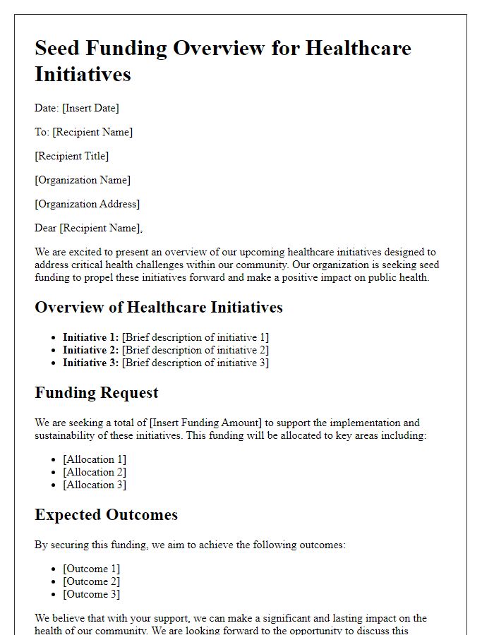 Letter template of seed funding overview for healthcare initiatives.