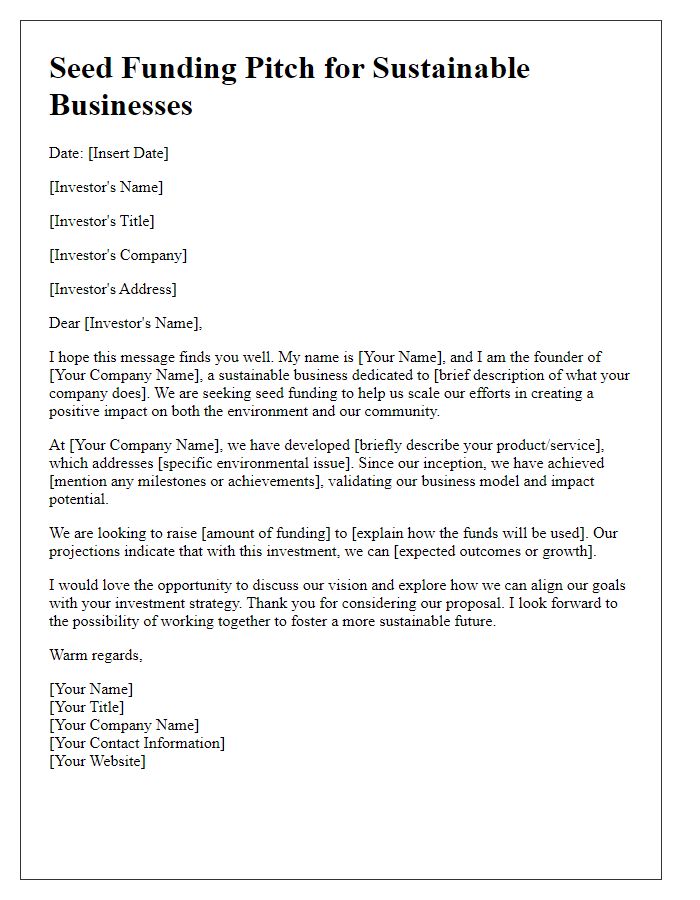 Letter template of seed funding pitch for sustainable businesses.