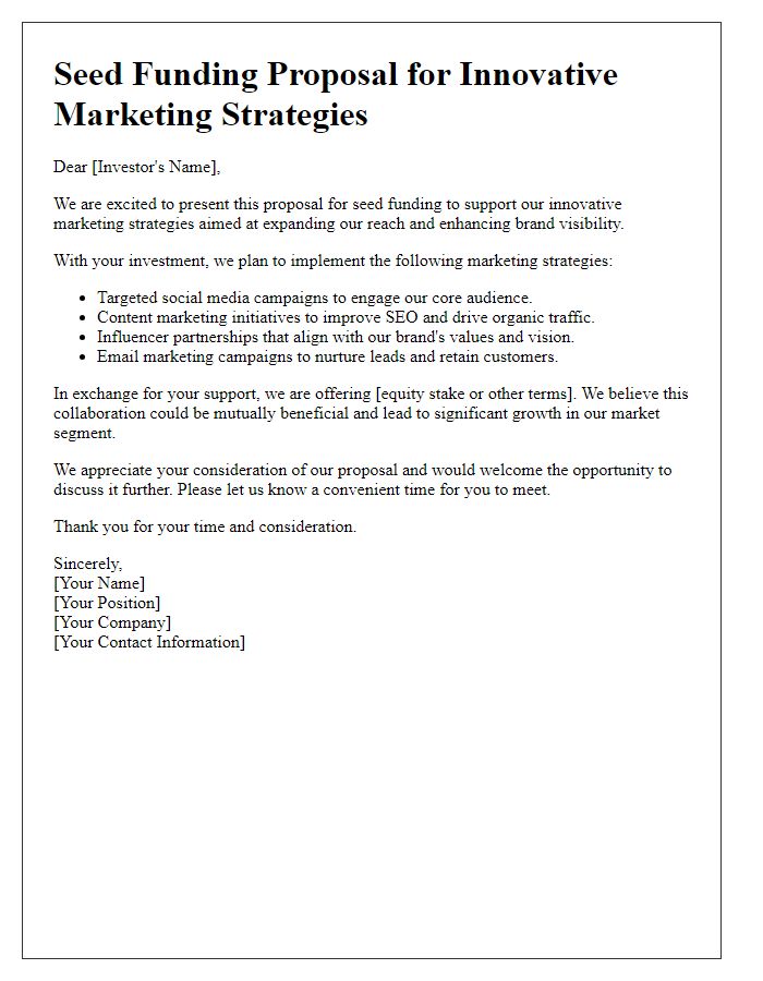 Letter template of seed funding presentation for marketing strategies.