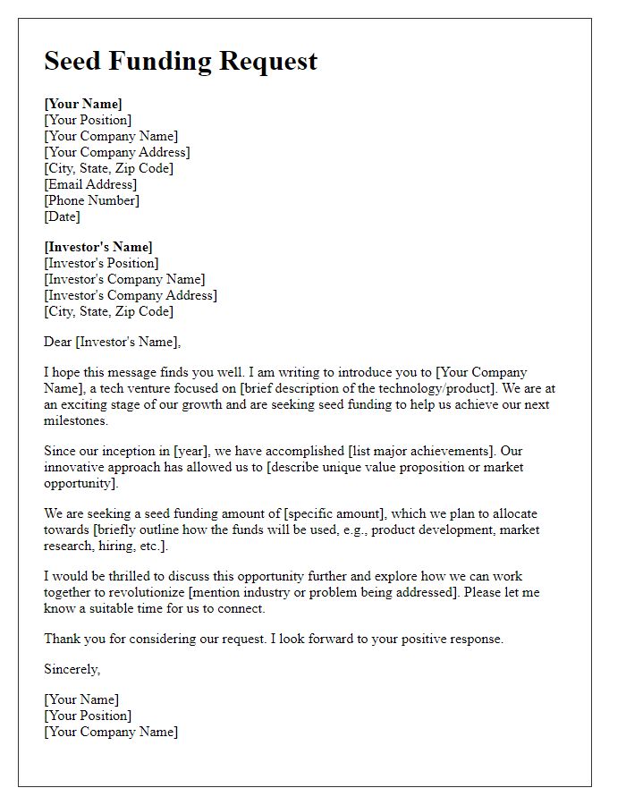 Letter template of seed funding request for tech ventures.