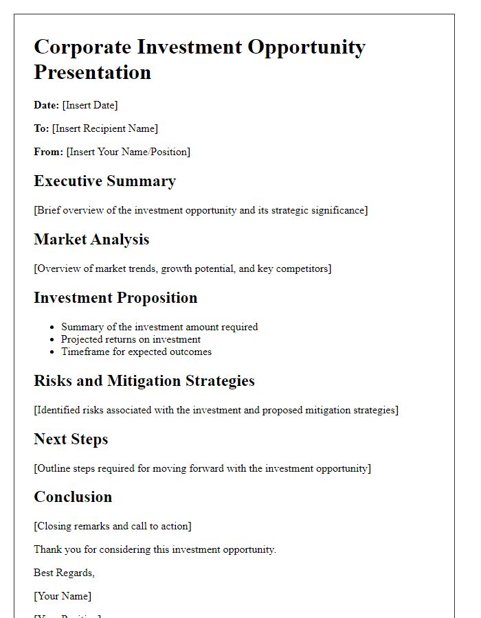 Letter template of corporate investment opportunity outline for executive meetings