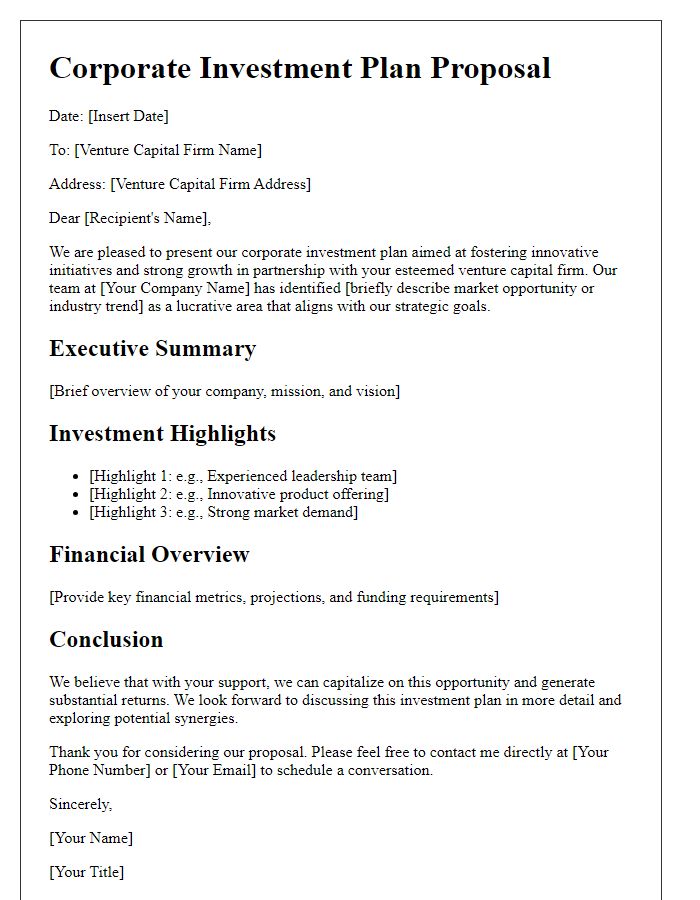 Letter template of corporate investment plan for venture capital