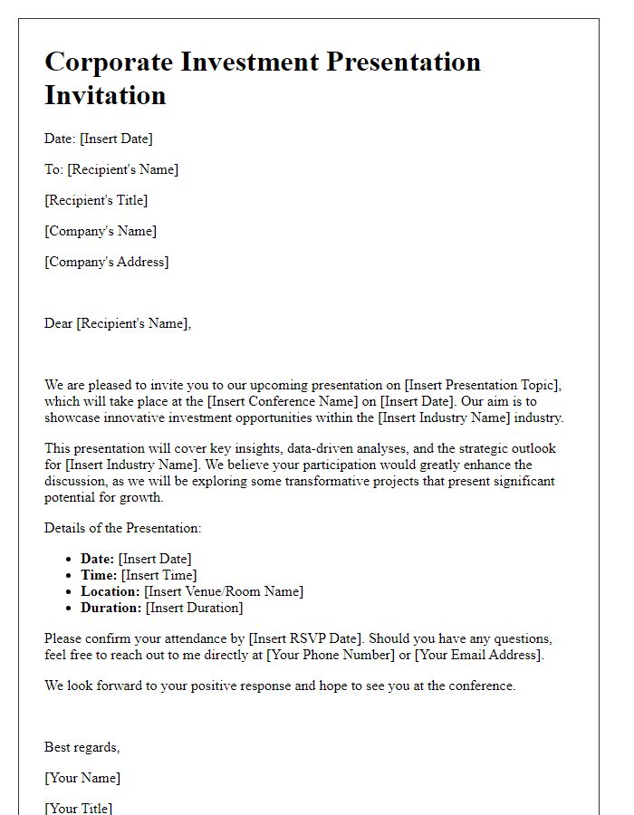 Letter template of corporate investment presentation for industry conferences