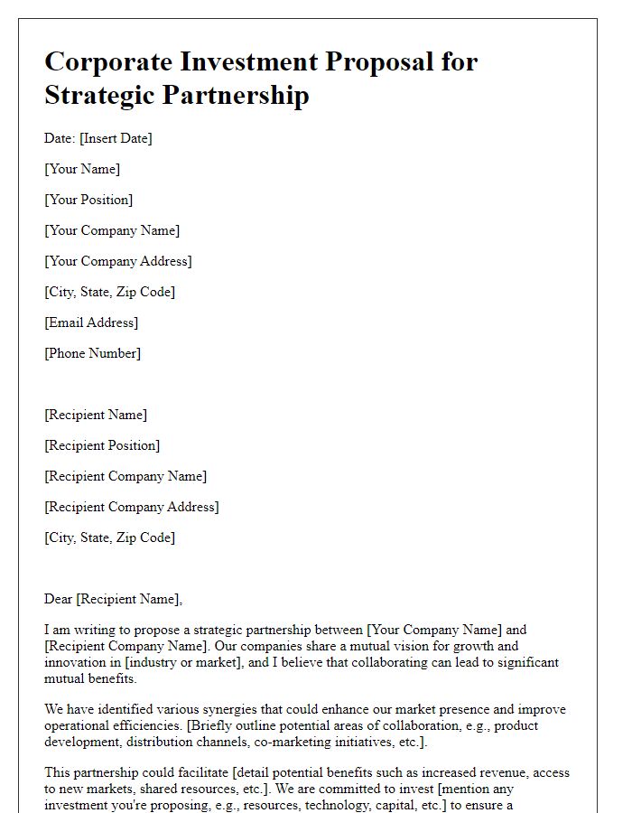 Letter template of corporate investment proposal for strategic partnerships