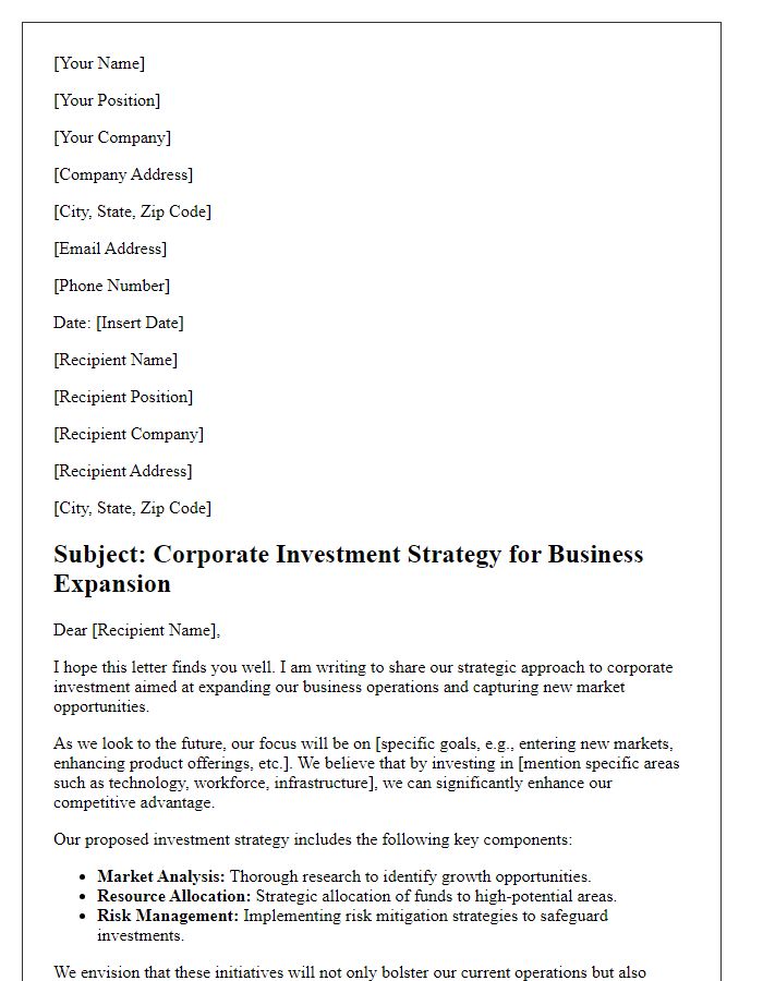 Letter template of corporate investment strategy for business expansion