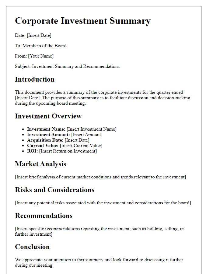 Letter template of corporate investment summary for board presentations