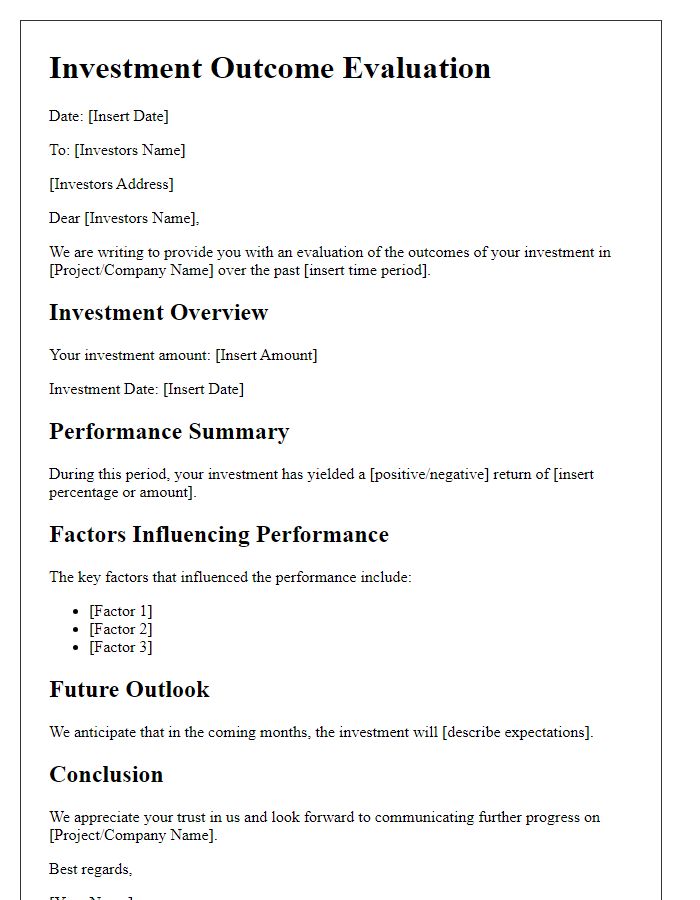 Letter template of investment outcome evaluation