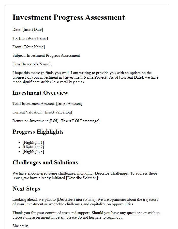 Letter template of investment progress assessment