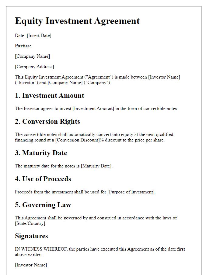 Letter template of equity investment agreement for convertible notes