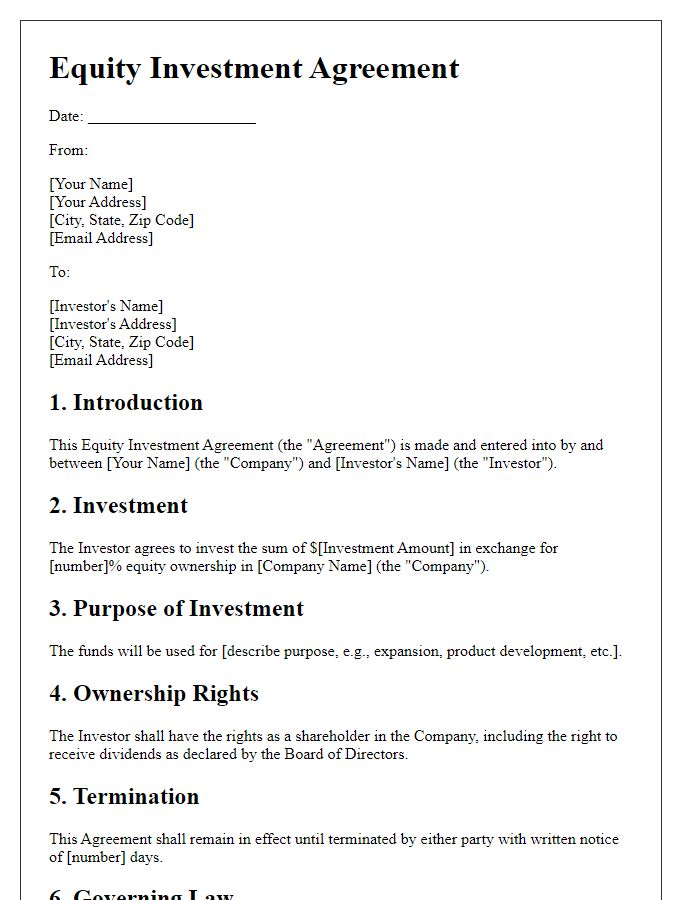 Letter template of equity investment agreement for family and friends investments