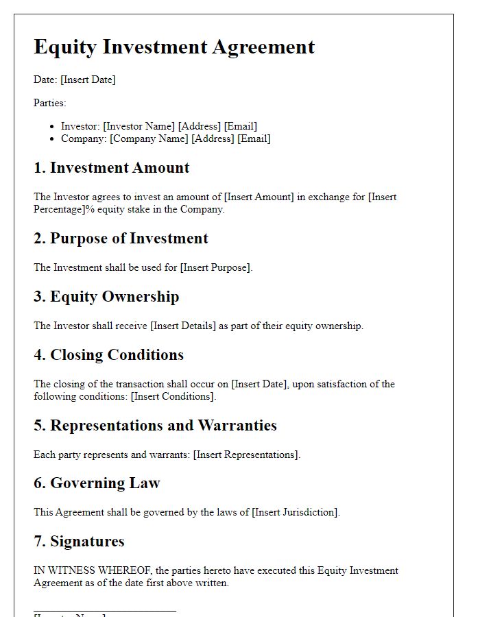 Letter template of equity investment agreement for international investors