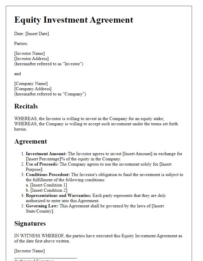 Letter template of equity investment agreement for joint ventures