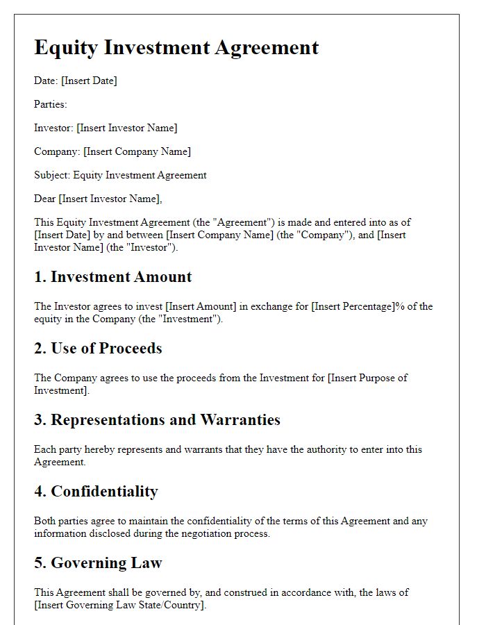 Letter template of equity investment agreement for private equity firms