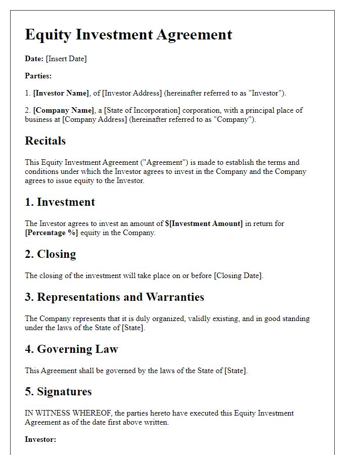 Letter template of equity investment agreement for startup funding