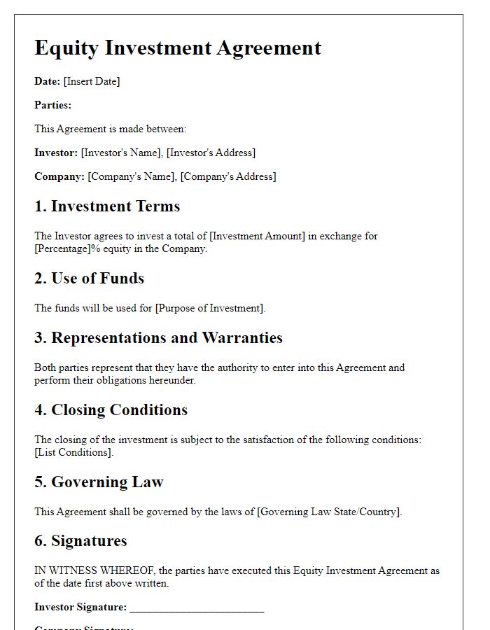 Letter template of equity investment agreement for venture capital