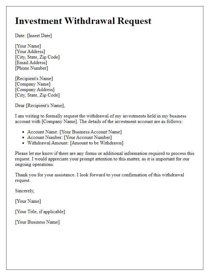 Letter template of investment withdrawal request for business accounts