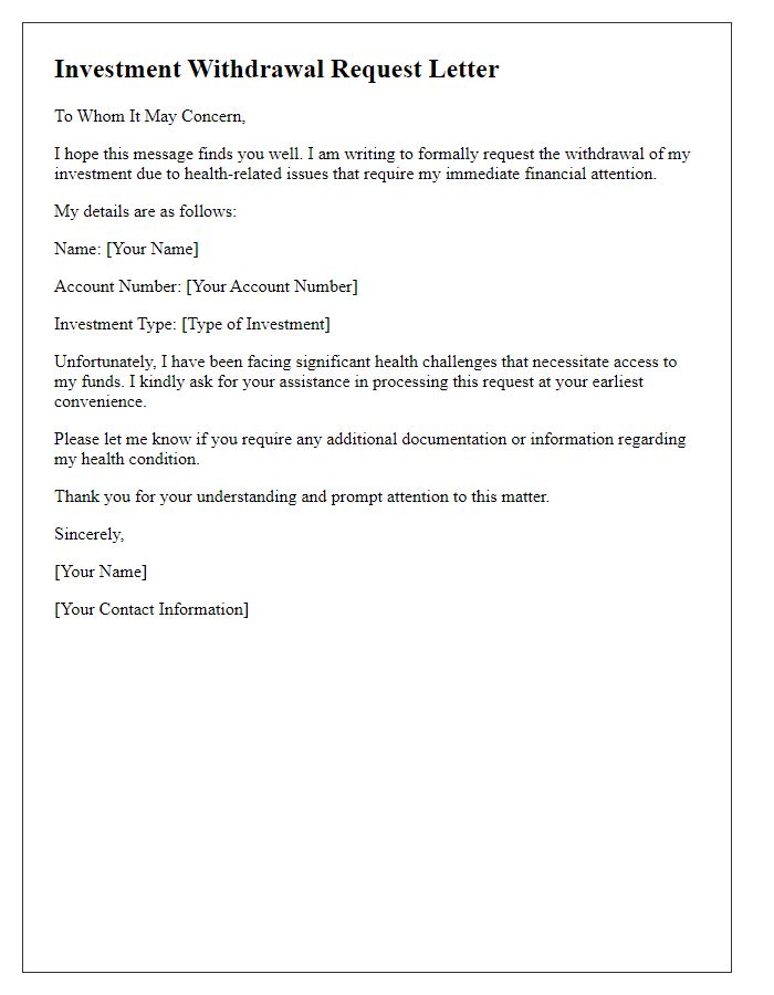 Letter template of investment withdrawal request for health-related issues