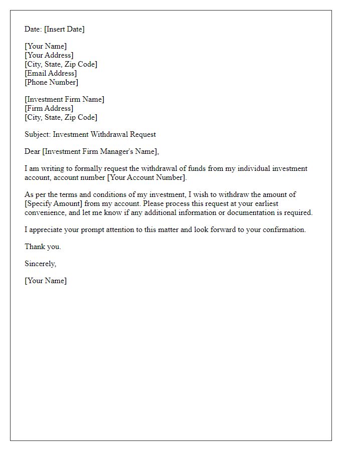 Letter template of investment withdrawal request for individual account holders