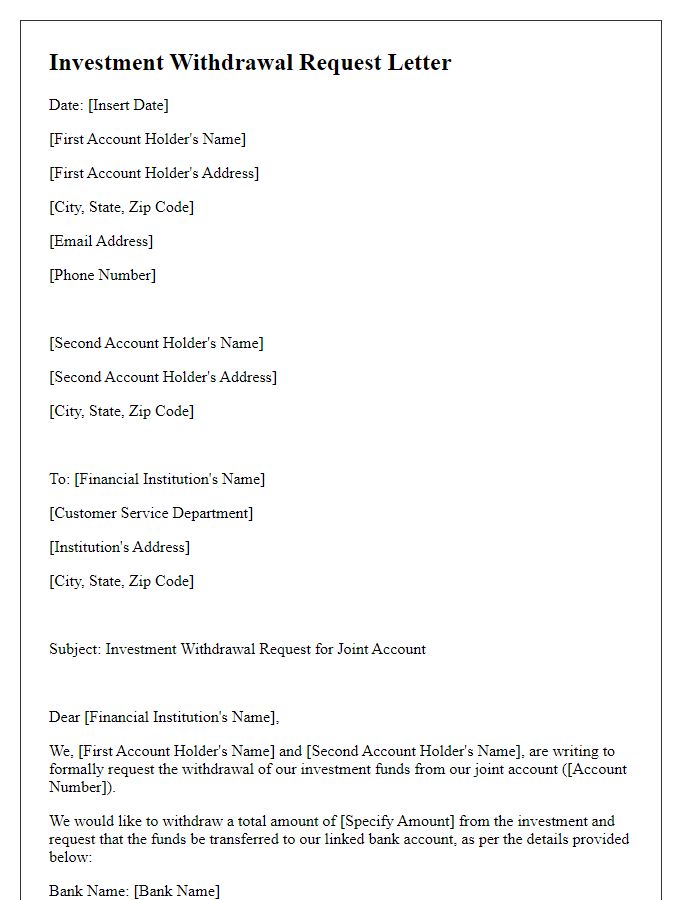 Letter template of investment withdrawal request for joint account holders