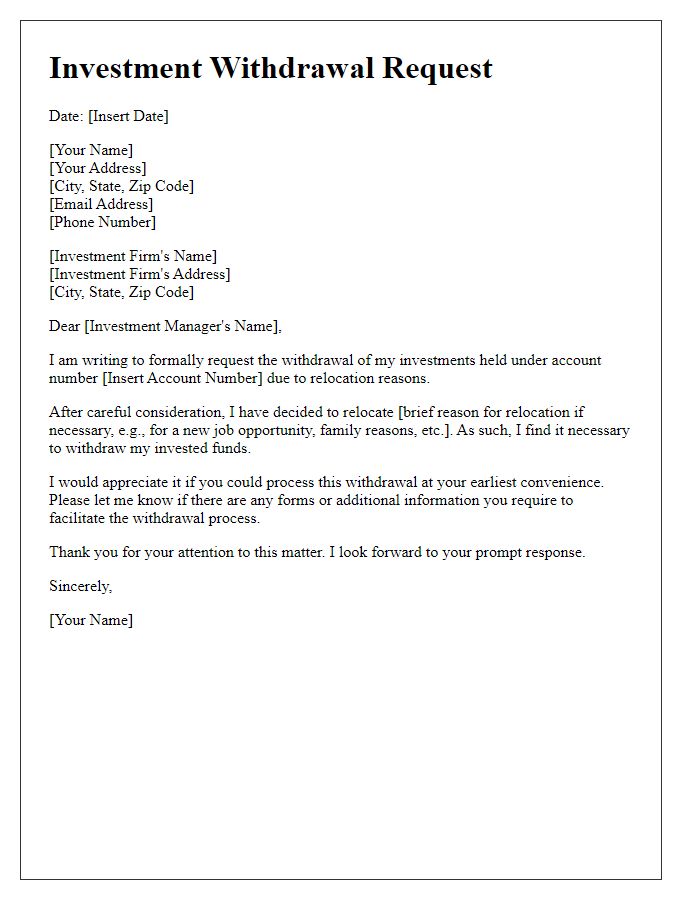 Letter template of investment withdrawal request for relocation reasons