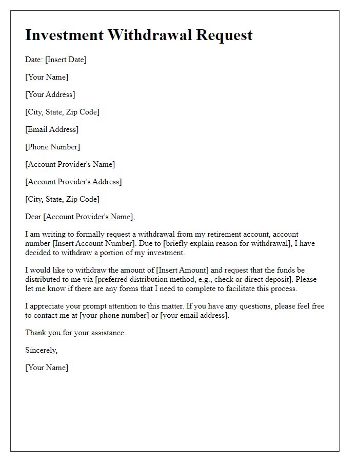 Letter template of investment withdrawal request for retirement accounts