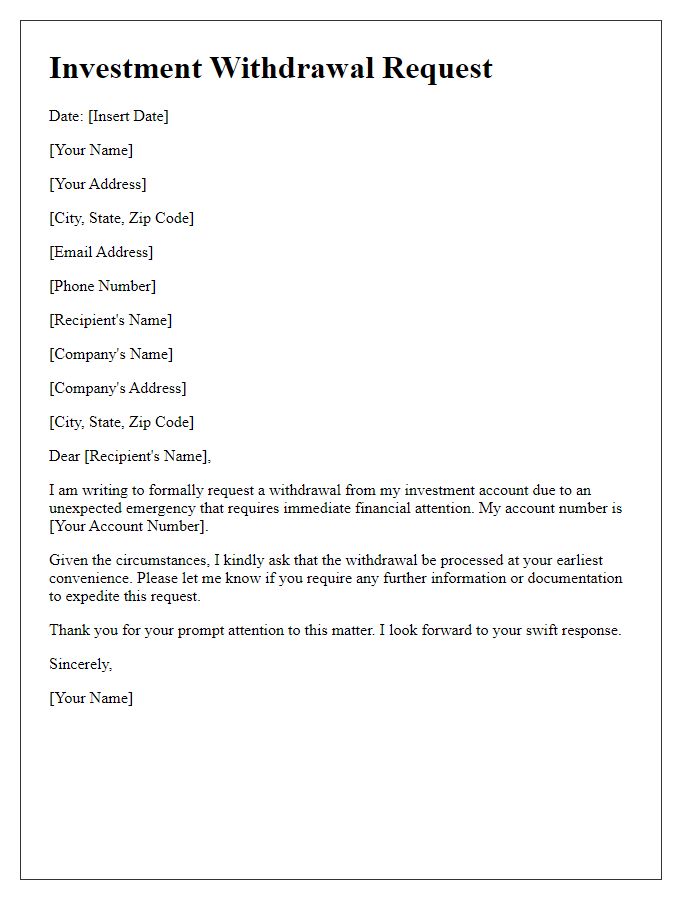 Letter template of investment withdrawal request for unexpected emergencies