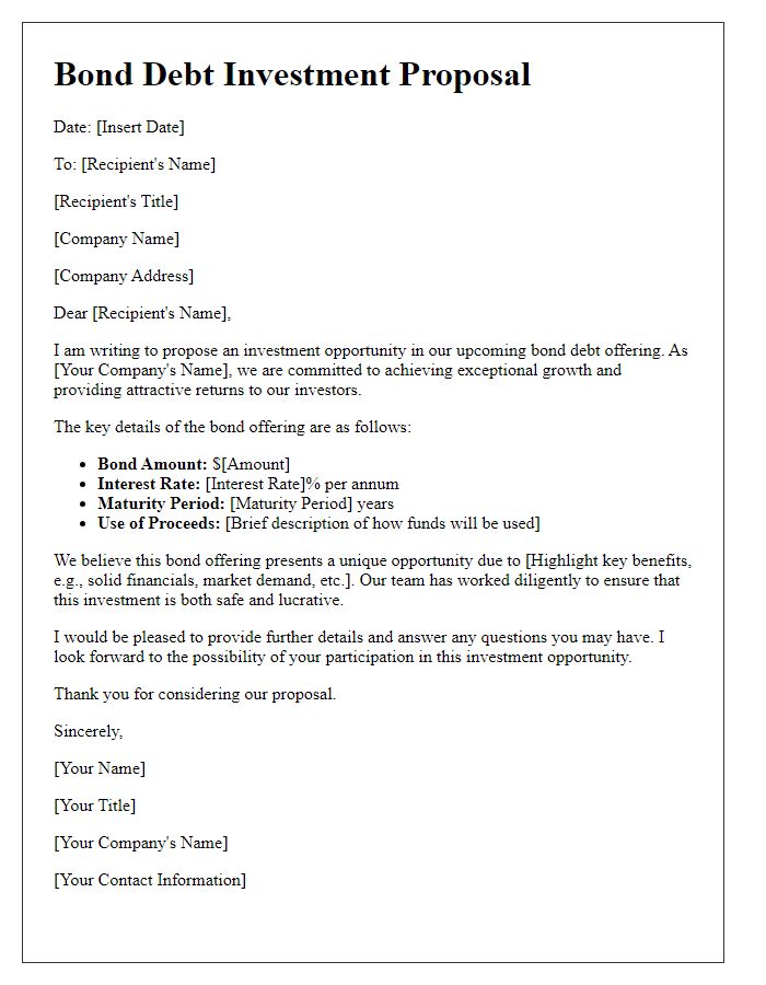 Letter template of bond debt investment proposal.