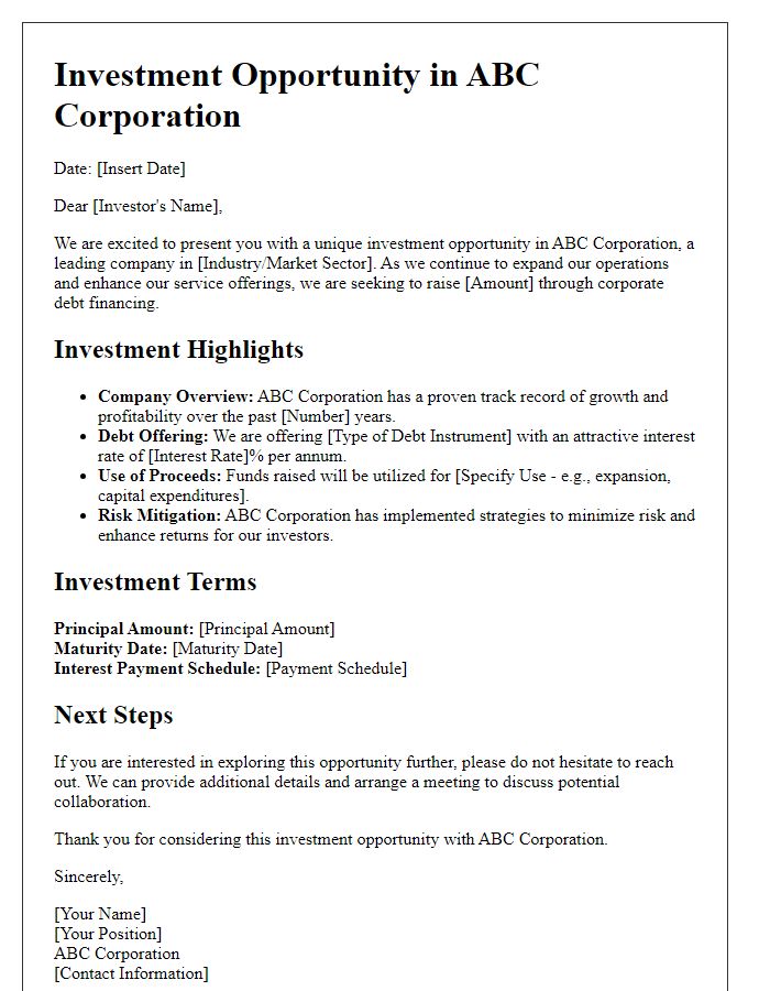 Letter template of corporate debt investment opportunity.