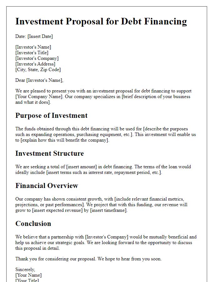 Letter template of investment proposal for debt financing.