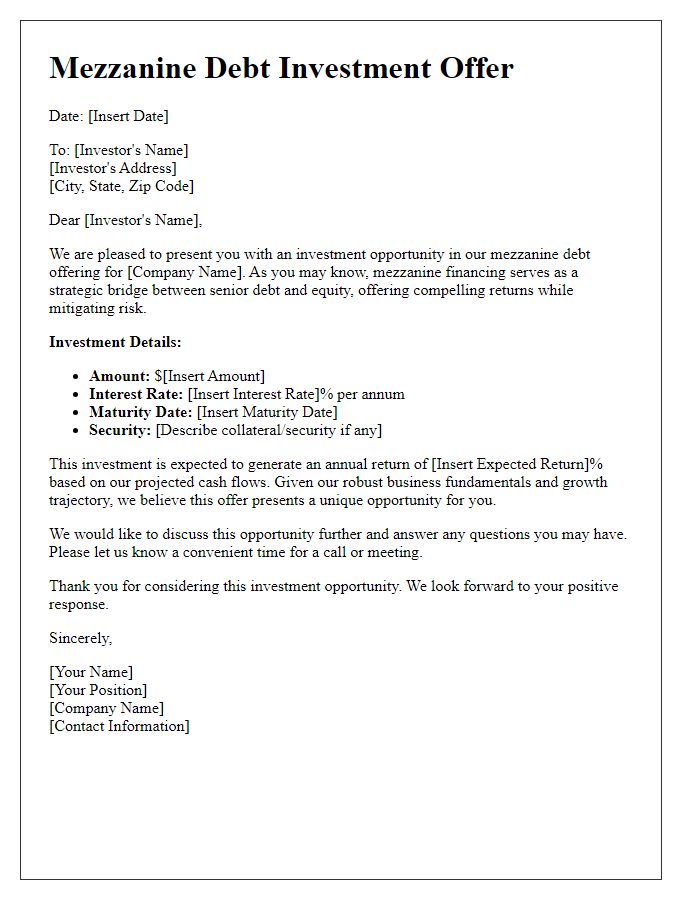 Letter template of mezzanine debt investment offer.