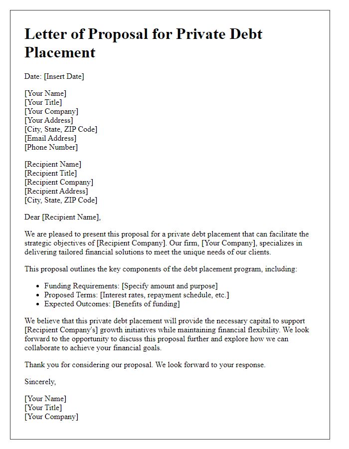 Letter template of proposal for private debt placement.