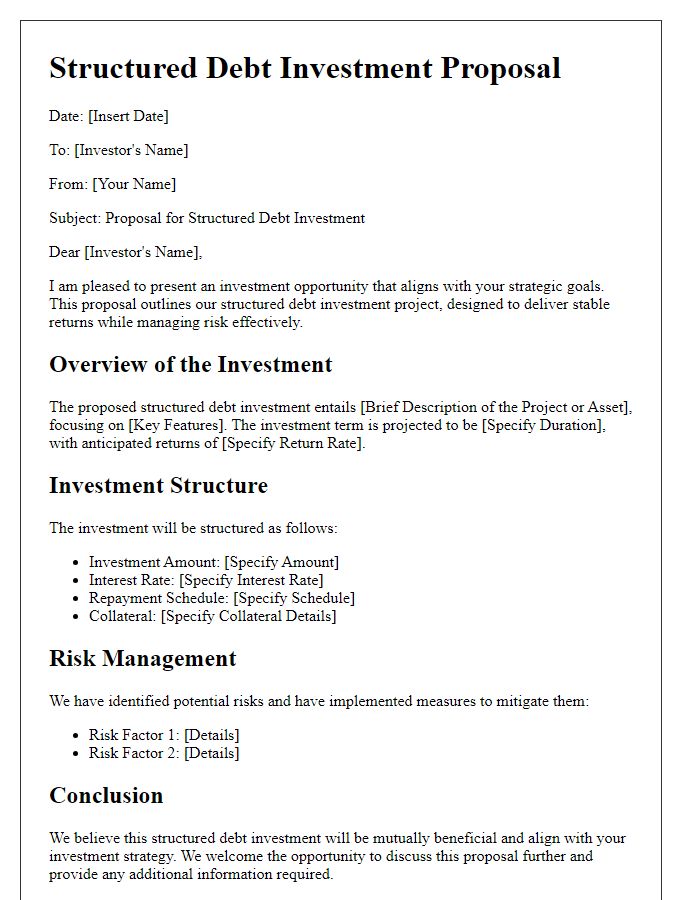 Letter template of structured debt investment proposal.