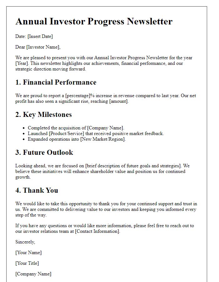 Letter template of annual investor progress newsletter