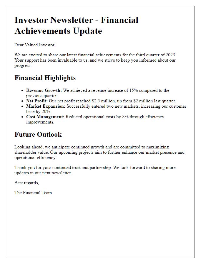 Letter template of financial achievements investor newsletter