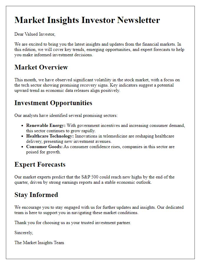 Letter template of market insights investor newsletter