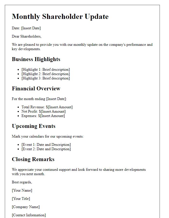 Letter template of monthly shareholder update newsletter