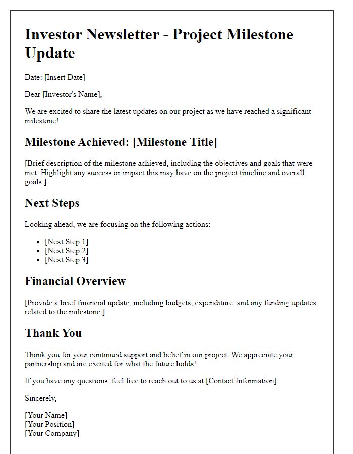 Letter template of project milestone investor newsletter