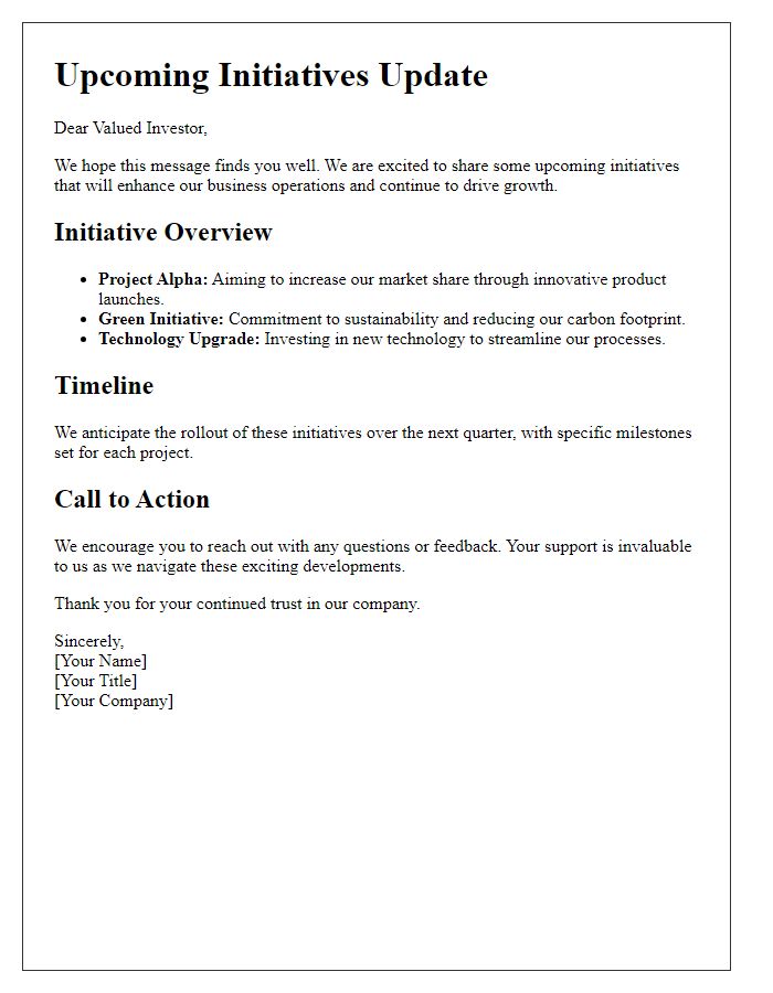 Letter template of upcoming initiatives investor communication