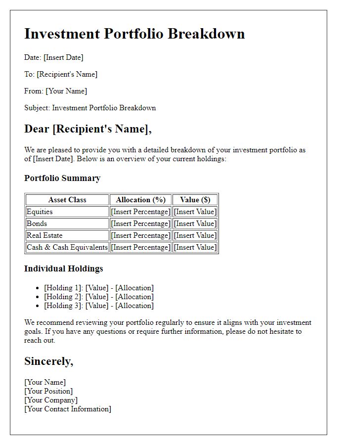 Letter template of investment portfolio breakdown