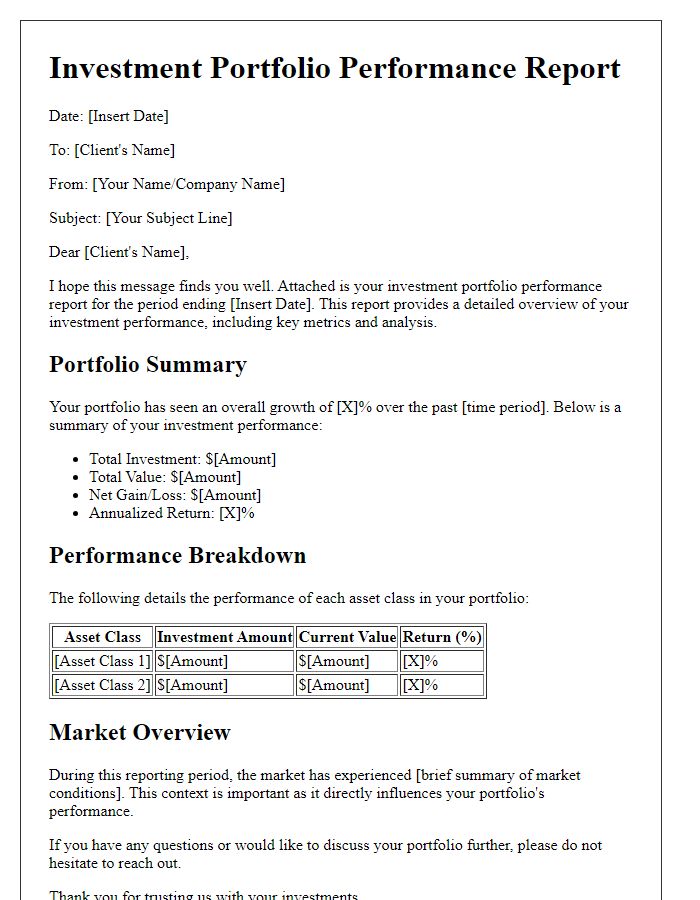 Letter template of investment portfolio performance report