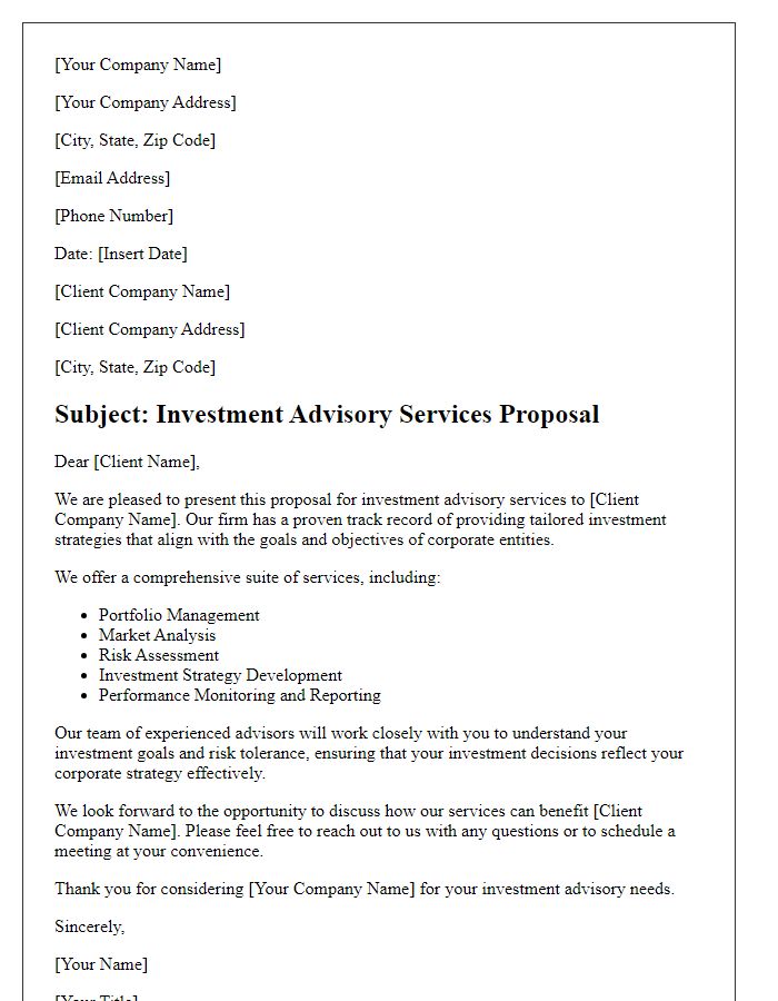 Letter template of investment advisory services for corporate entities.