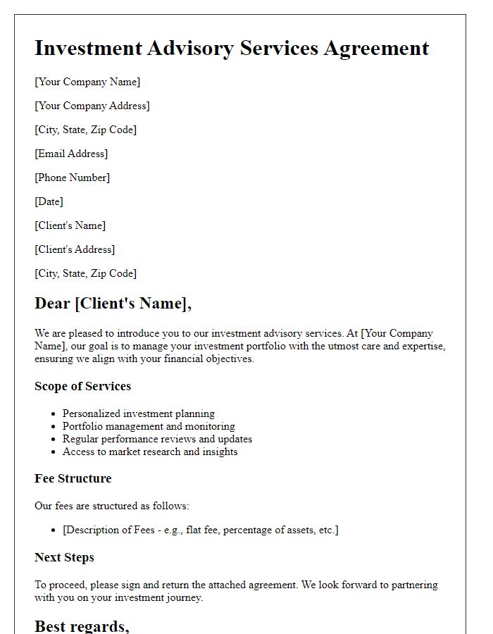 Letter template of investment advisory services for individual clients.